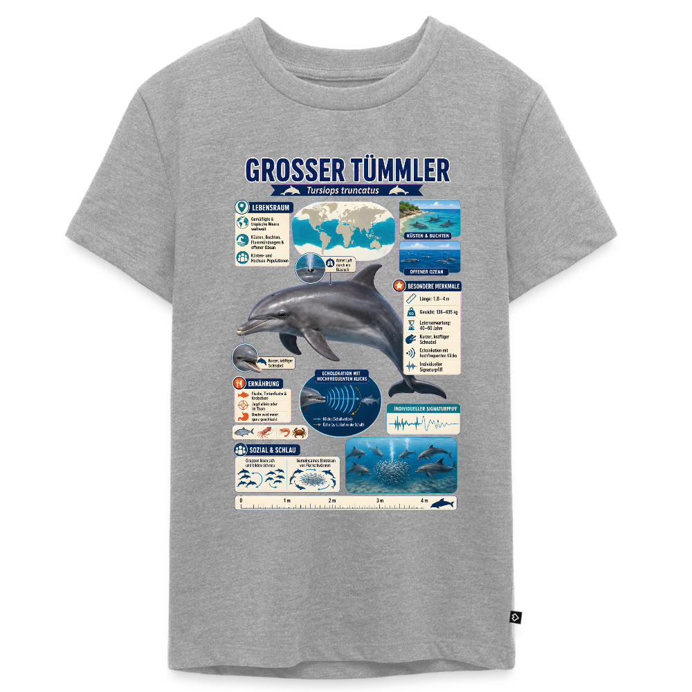 Großer Tümmler Infografik – Spannende Fakten über den intelligenten Delfin | Teenager Premium T-Shirt - Grau meliert