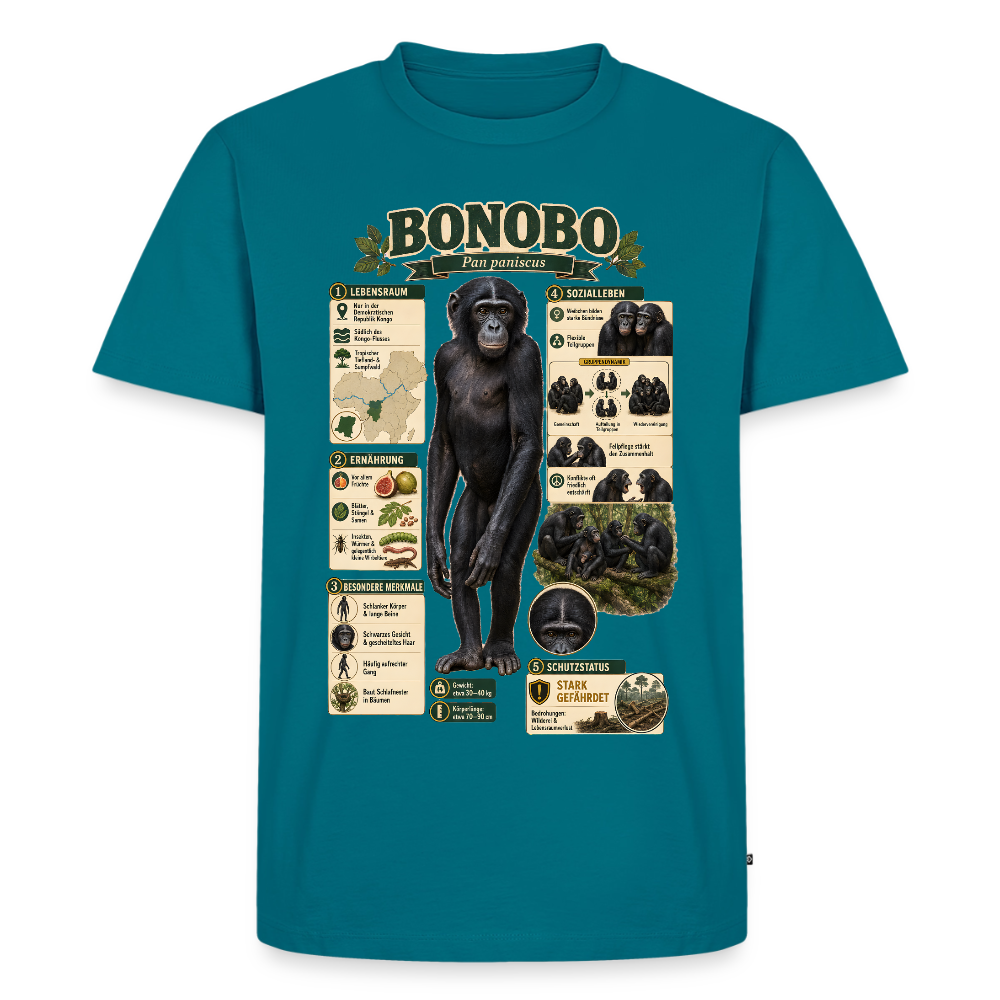 Bonobo Infografik – Faszinierende Fakten über unsere friedlichen Verwandten | Männer Premium T-Shirt - Petrol