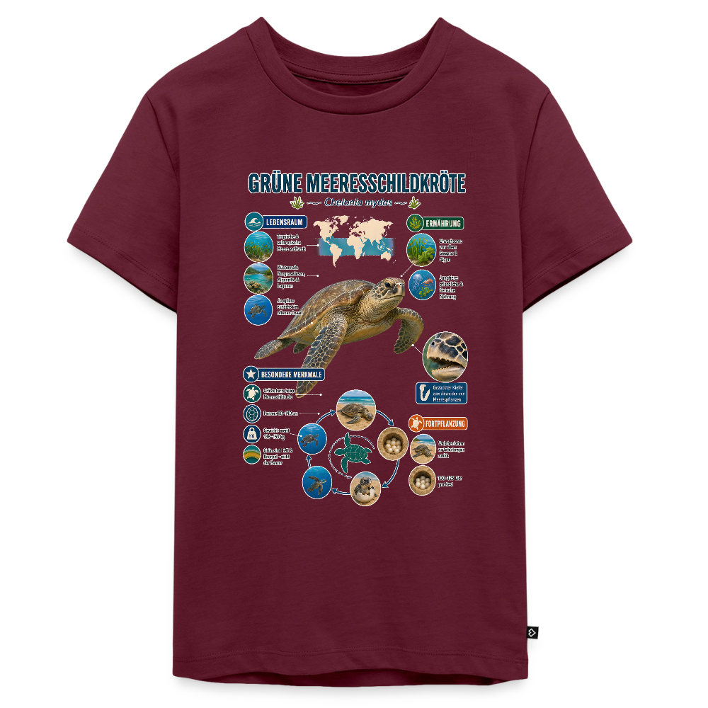 Grüne Meeresschildkröte Infografik – Faszinierende Fakten über den sanften Ozeanbewohner | Teenager Premium T-Shirt - Burgunderrot