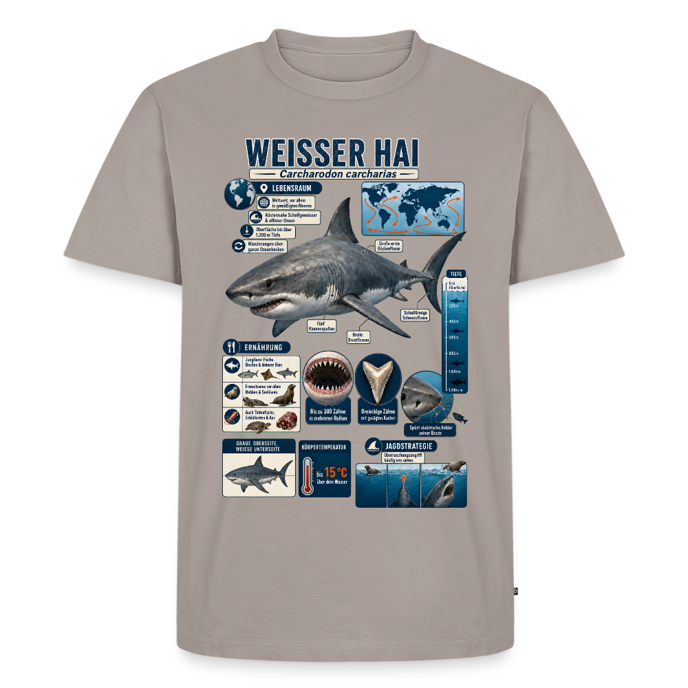 Weißer Hai Infografik – Faszinierende Fakten über den Meeresjäger | Männer Premium T-Shirt - Taupe