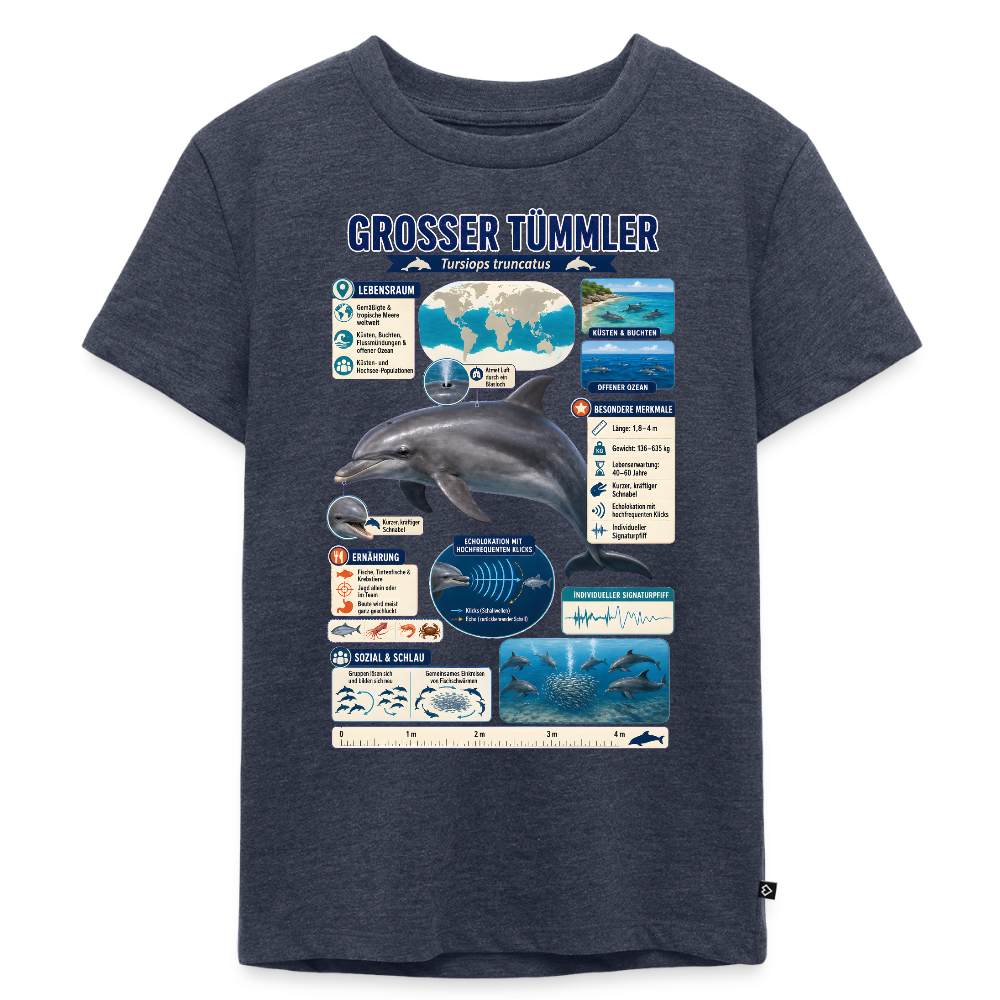 Großer Tümmler Infografik – Spannende Fakten über den intelligenten Delfin | Kinder Premium T-Shirt - Jeansblau 