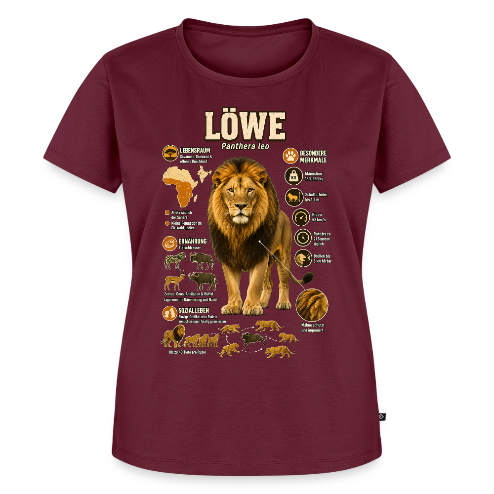 Löwe – König der Savanne | Tier-Infografik | Frauen Premium T-Shirt - Burgunderrot