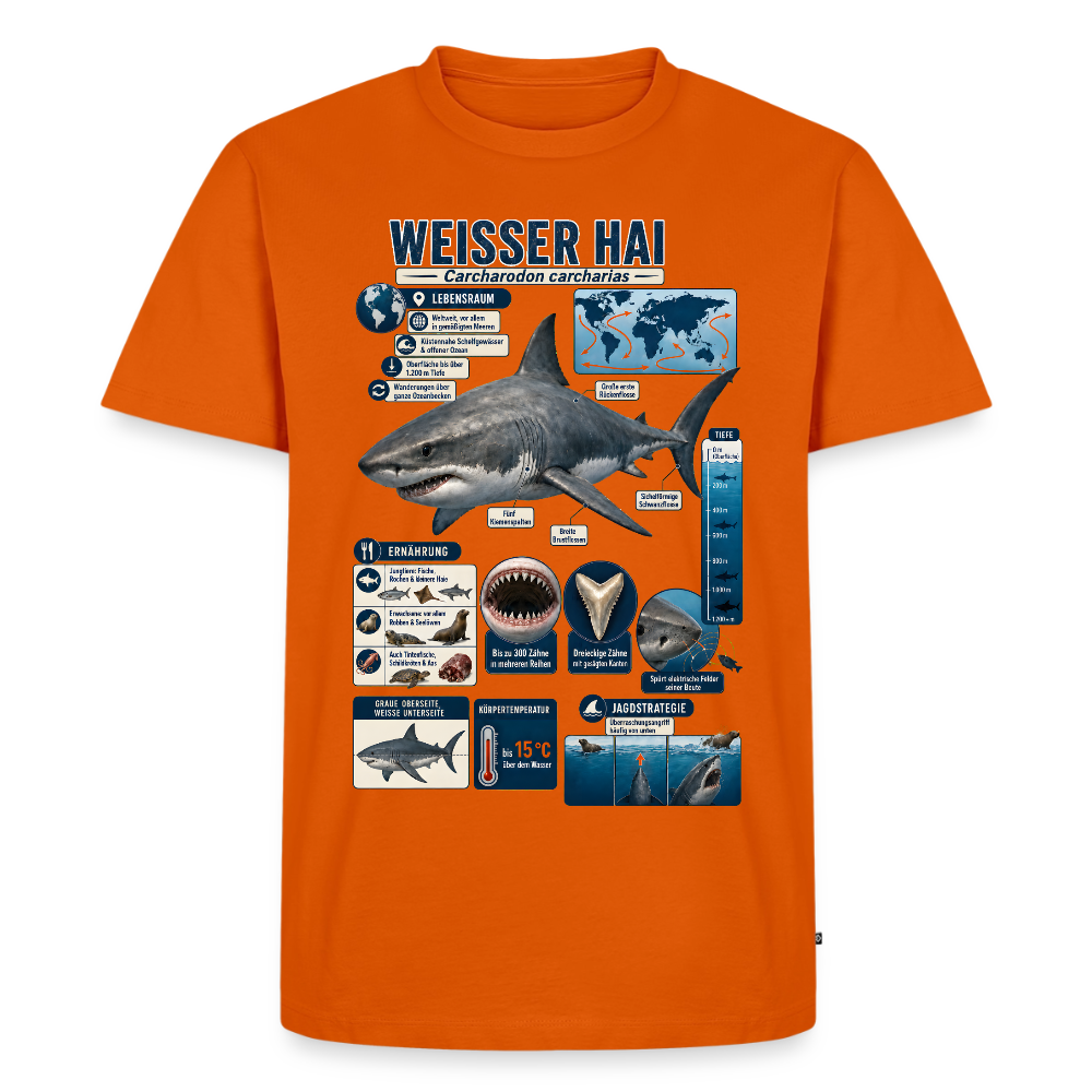 Weißer Hai Infografik – Faszinierende Fakten über den Meeresjäger | Männer Premium T-Shirt - Orange 
