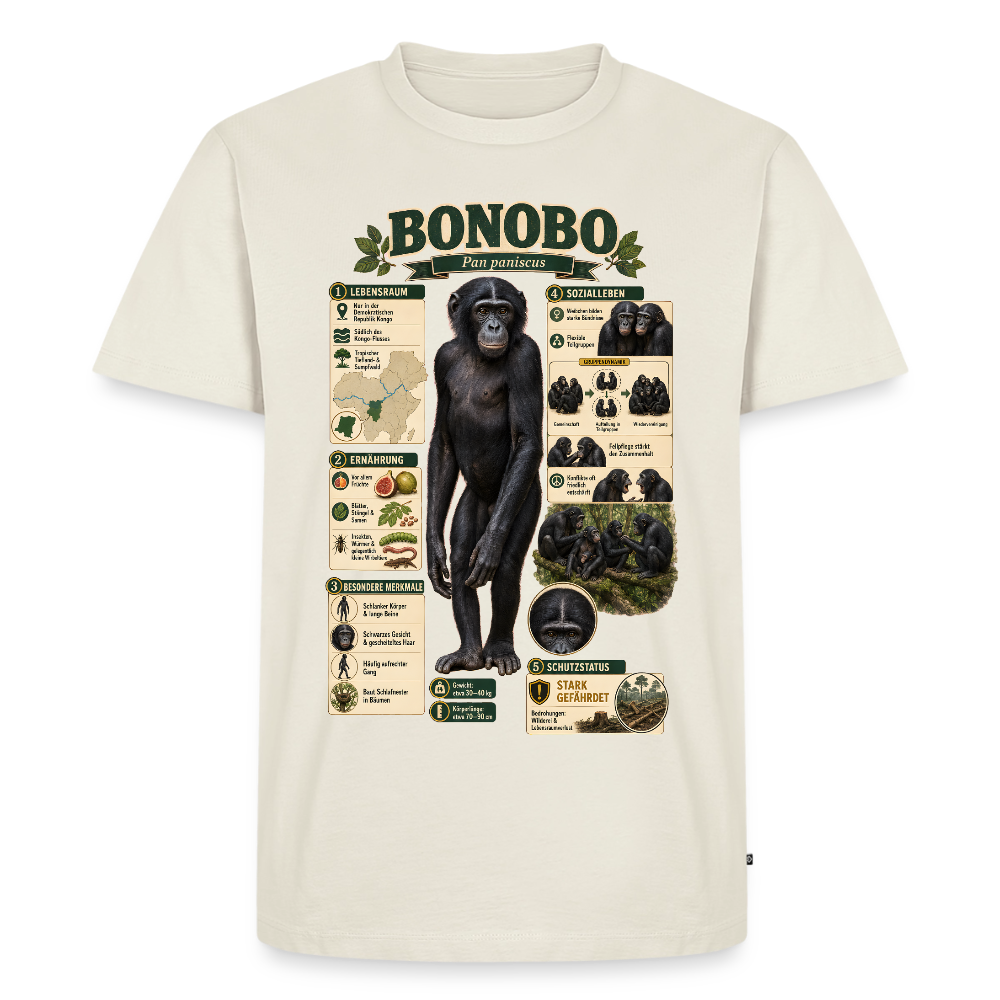 Bonobo Infografik – Faszinierende Fakten über unsere friedlichen Verwandten | Männer Premium T-Shirt - Naturweiß