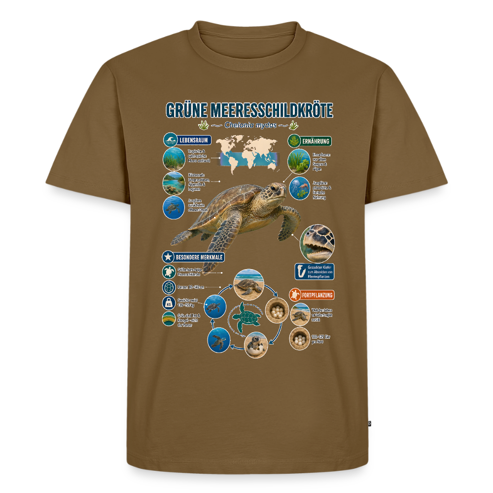 Grüne Meeresschildkröte Infografik – Faszinierende Fakten über den sanften Ozeanbewohner | Männer Premium T-Shirt - Nussbraun