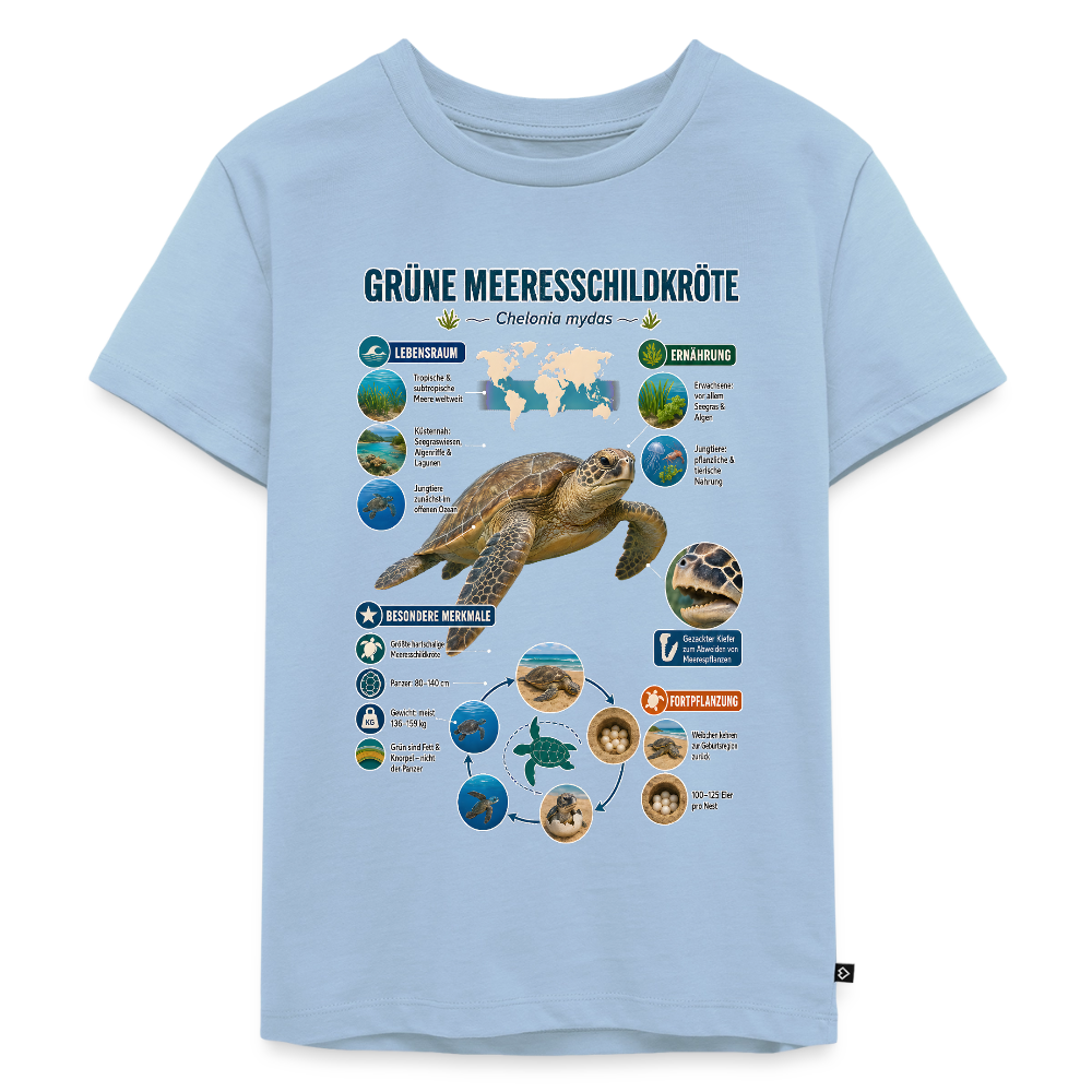 Grüne Meeresschildkröte Infografik – Faszinierende Fakten über den sanften Ozeanbewohner | Kinder Premium T-Shirt - Hellblau