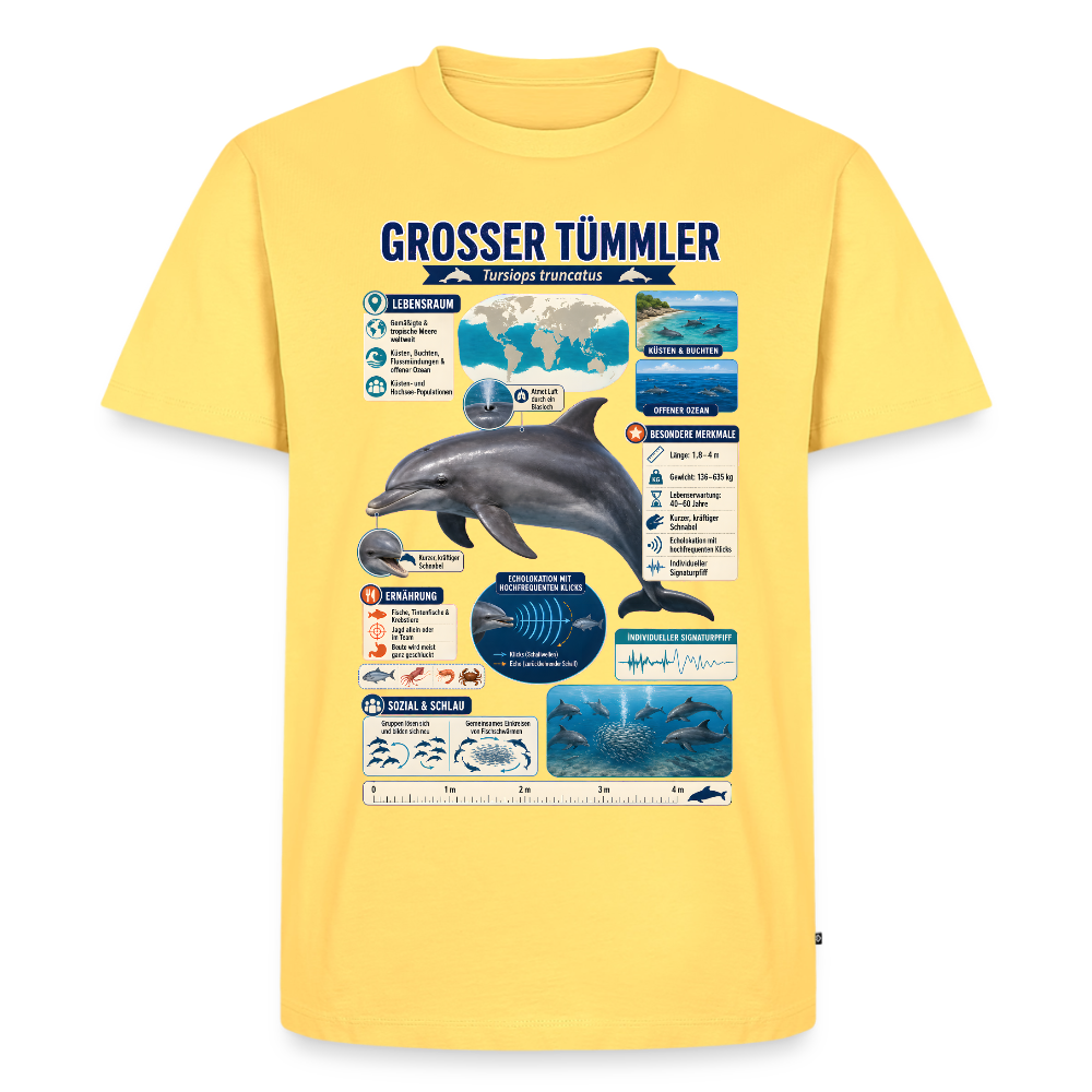 Großer Tümmler Infografik – Spannende Fakten über den intelligenten Delfin | Männer Premium T-Shirt - Pastellgelb