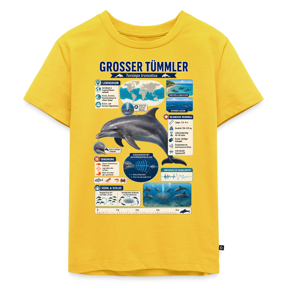 Großer Tümmler Infografik – Spannende Fakten über den intelligenten Delfin | Kinder Premium T-Shirt - Sonnengelb
