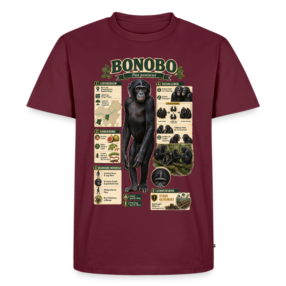Bonobo Infografik – Faszinierende Fakten über unsere friedlichen Verwandten | Männer Premium T-Shirt - Burgunderrot