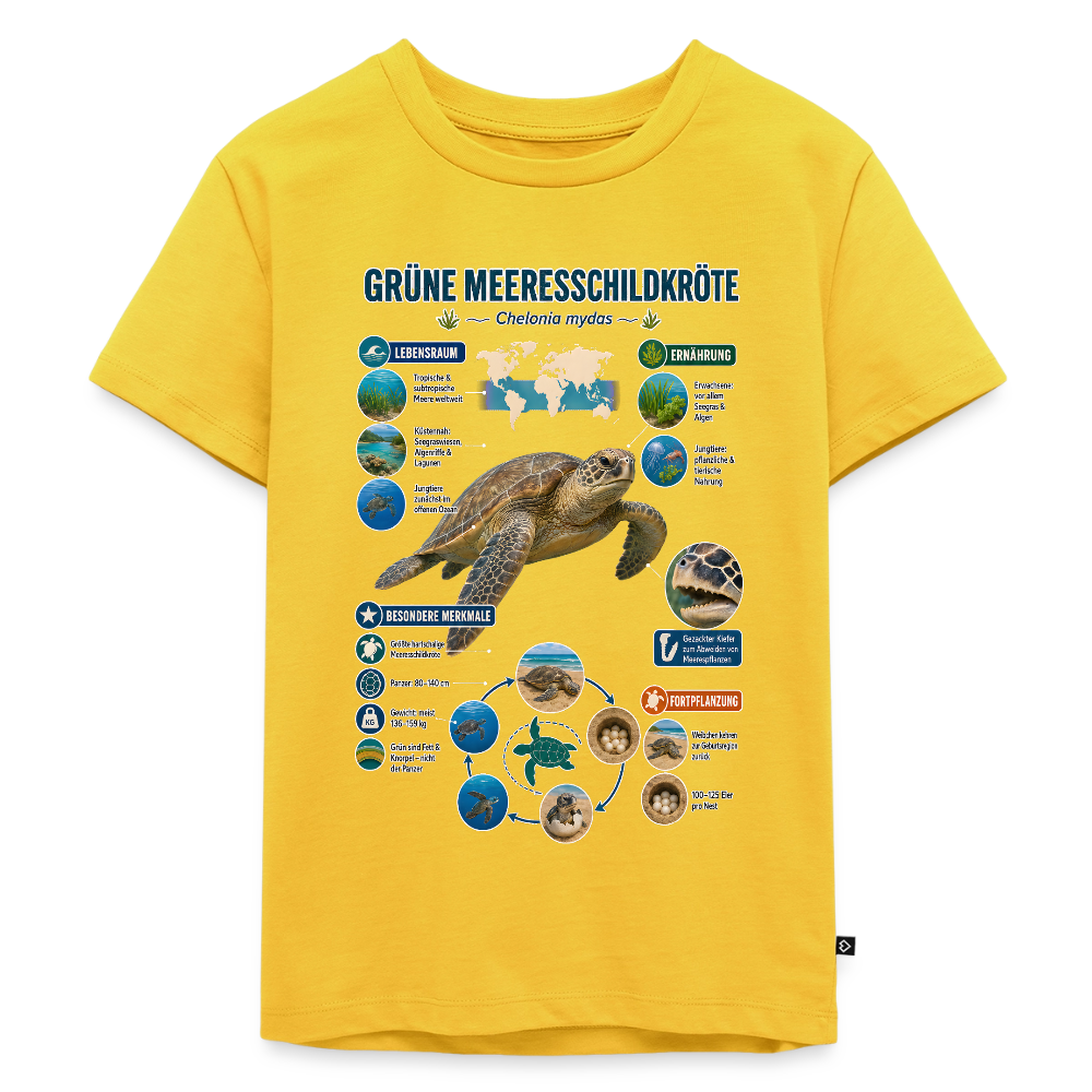 Grüne Meeresschildkröte Infografik – Faszinierende Fakten über den sanften Ozeanbewohner | Kinder Premium T-Shirt - Sonnengelb