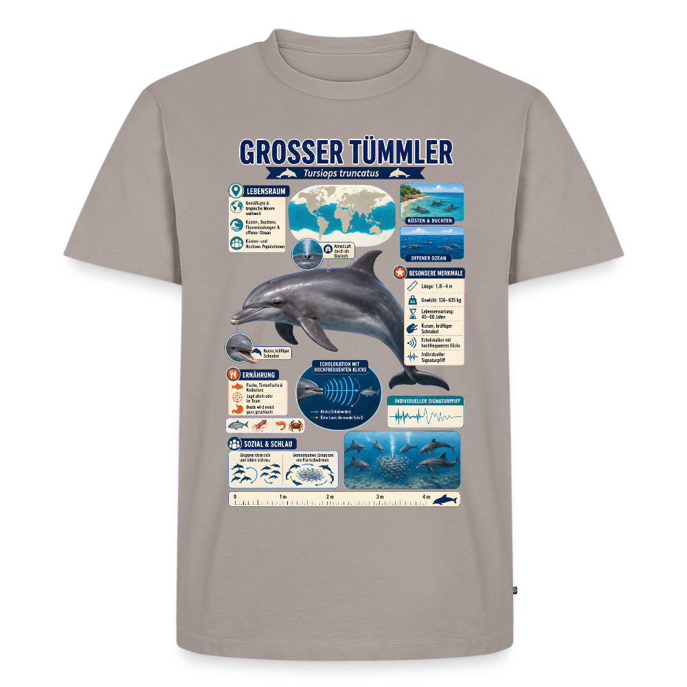 Großer Tümmler Infografik – Spannende Fakten über den intelligenten Delfin | Männer Premium T-Shirt - Taupe