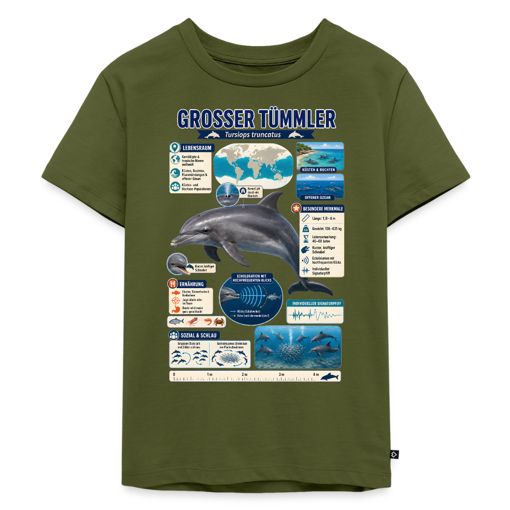 Großer Tümmler Infografik – Spannende Fakten über den intelligenten Delfin | Kinder Premium T-Shirt - Khaki